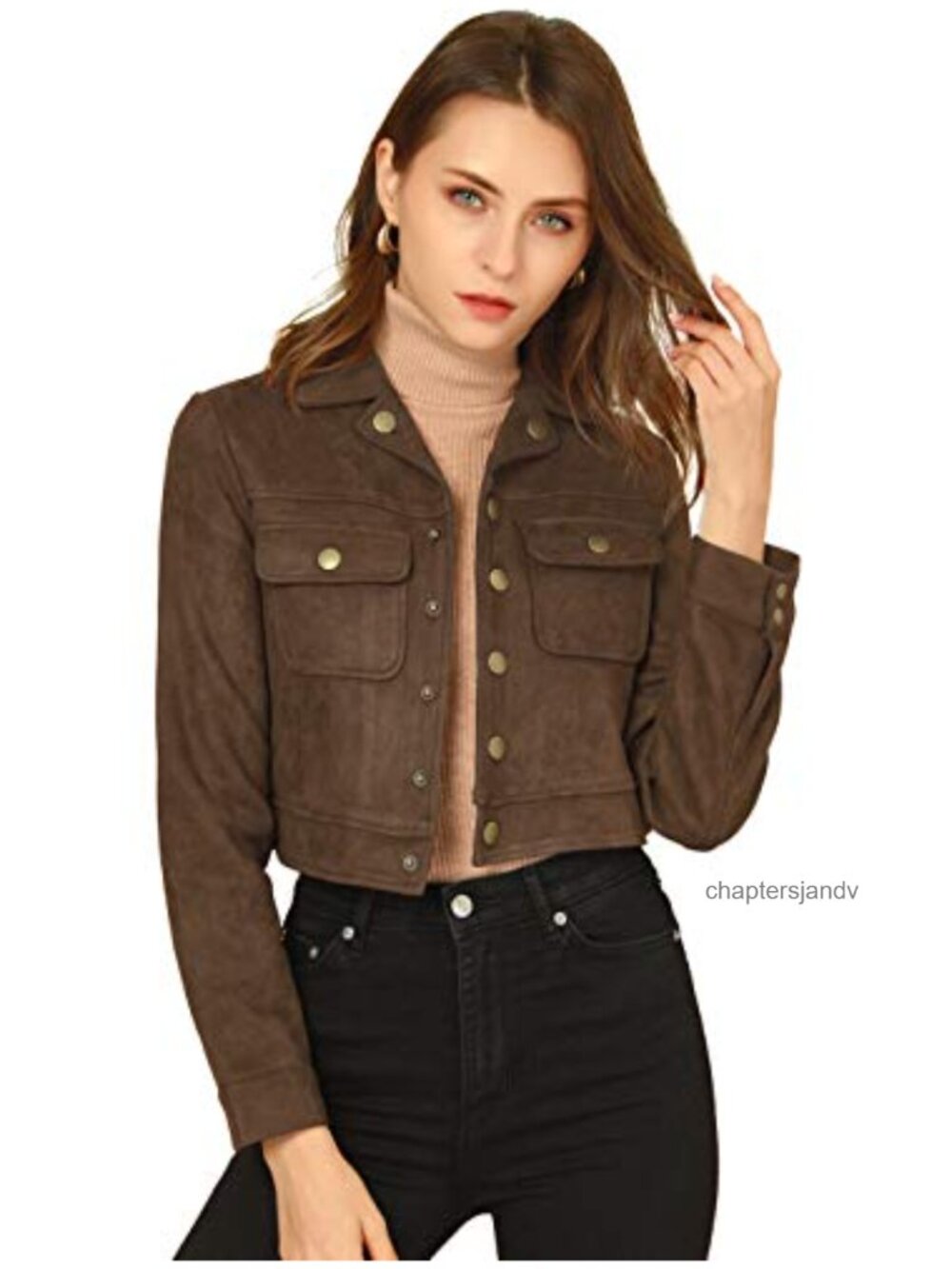 Faux Suede Crop Jacket Button Down Notched Collar Casual